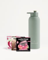 Matte gray water bottle with a pump beside a row of assorted Waterdrop flavor boxes.