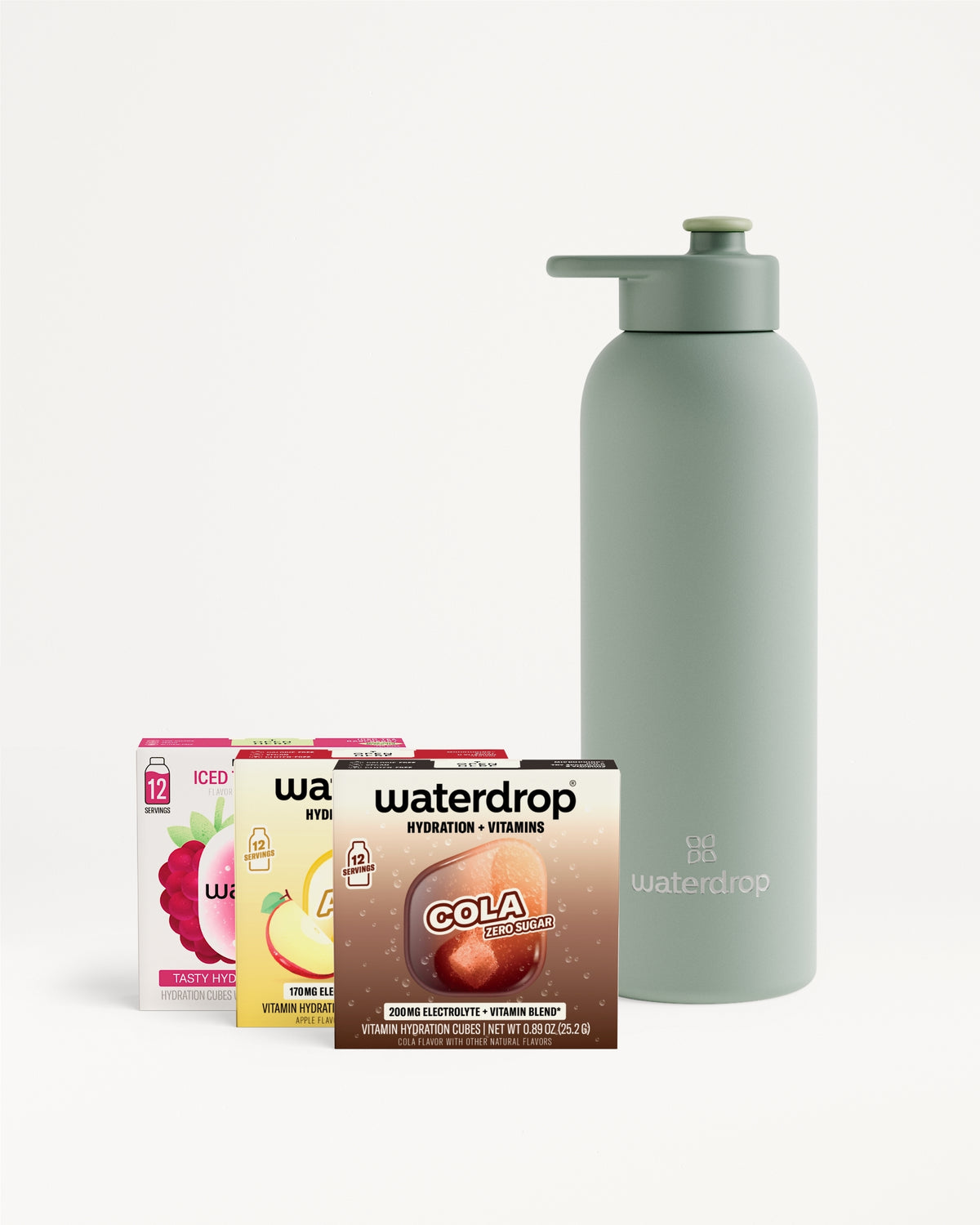 Pale green reusable water bottle with a pump lid beside a row of vitamin sachet boxes.