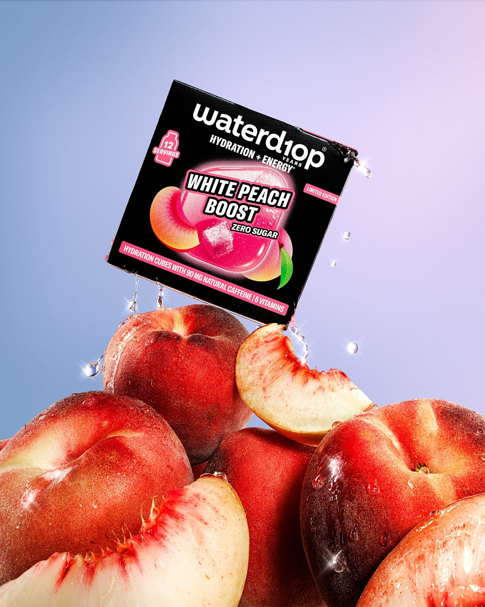 Cluster of ripe peaches with a hanging black promotional card above them against a blue-purple gradient background.