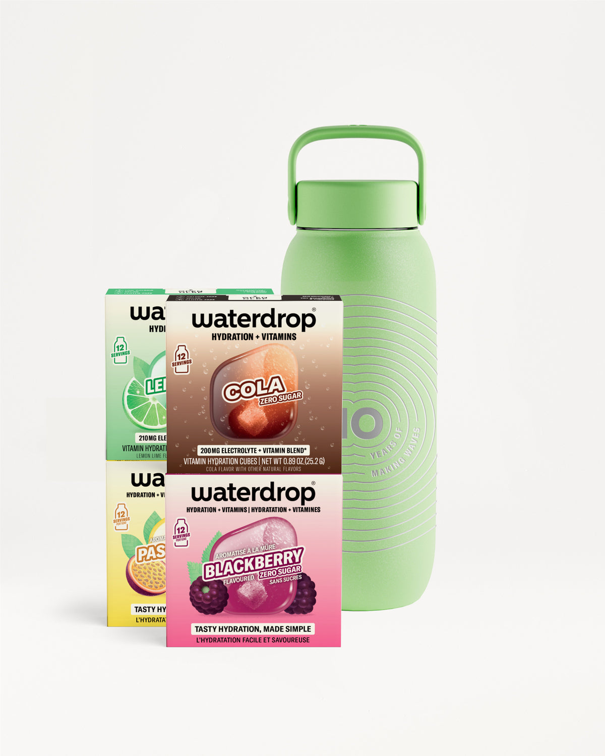 Green reusable water bottle with a handle beside three Waterdrop flavor packets.