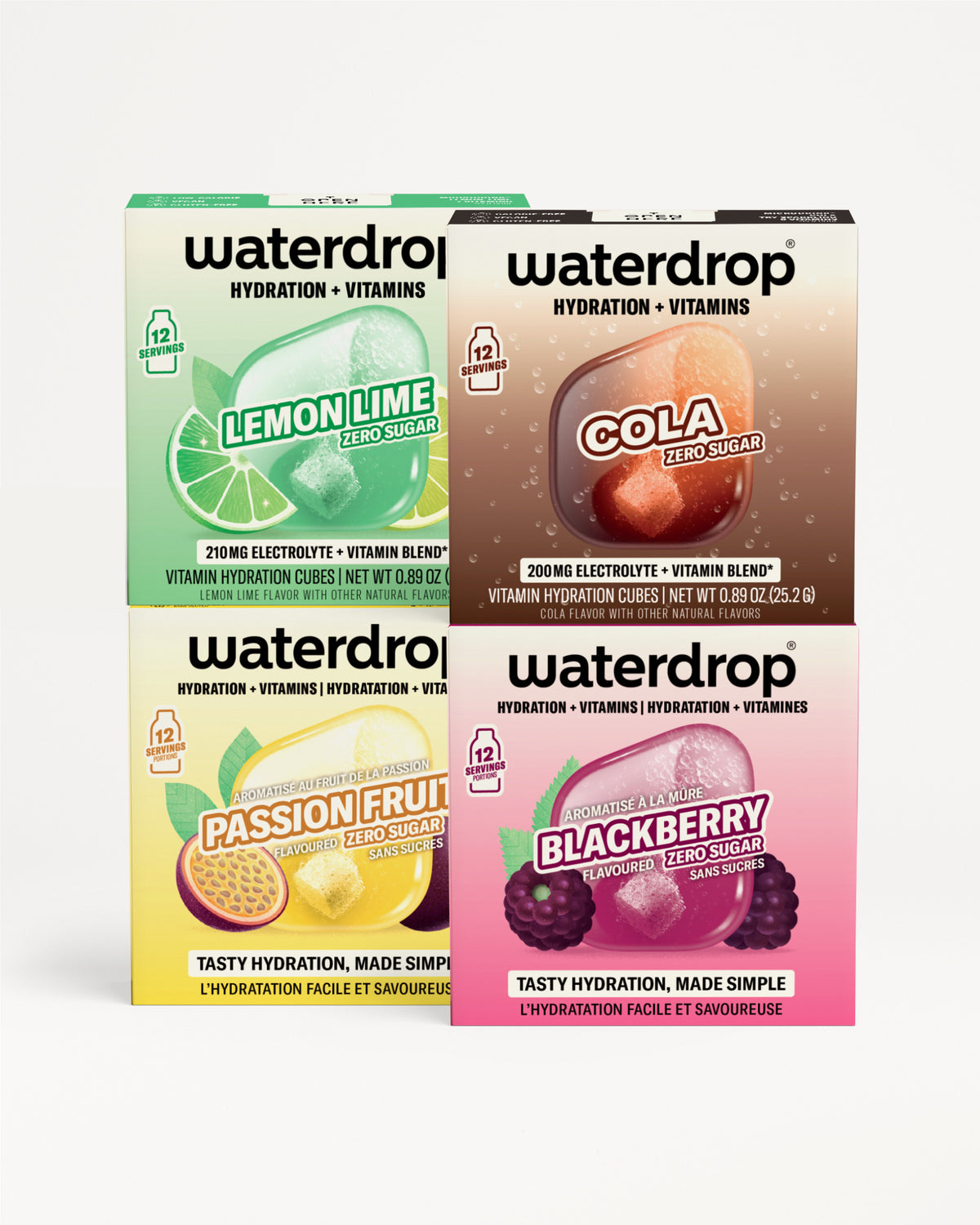Four Waterdrop hydration vitamin blend sachets arranged in a 2x2 grid with lemon-lime, cola, passion fruit, and blackberry flavor themes.