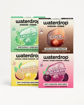 Four Waterdrop hydration vitamin blend sachets arranged in a 2x2 grid with lemon-lime, cola, passion fruit, and blackberry flavor themes.