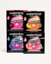 Four Waterdrop hydration and energy drink boxes arranged in a 2x2 grid.