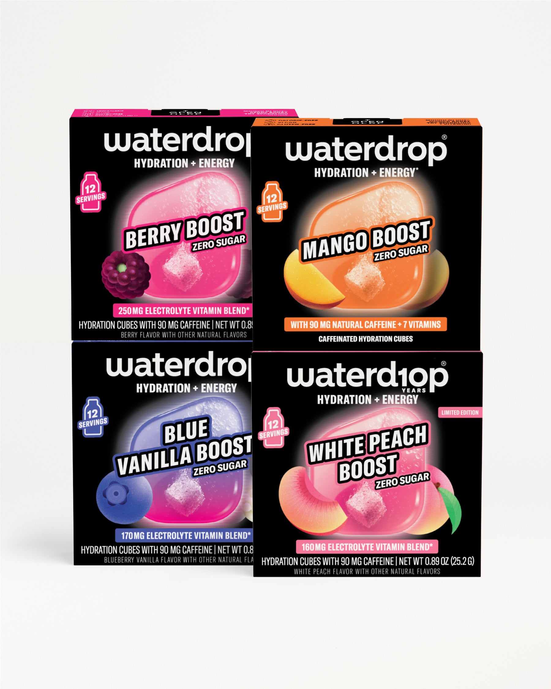 Four Waterdrop hydration and energy drink boxes arranged in a 2x2 grid.