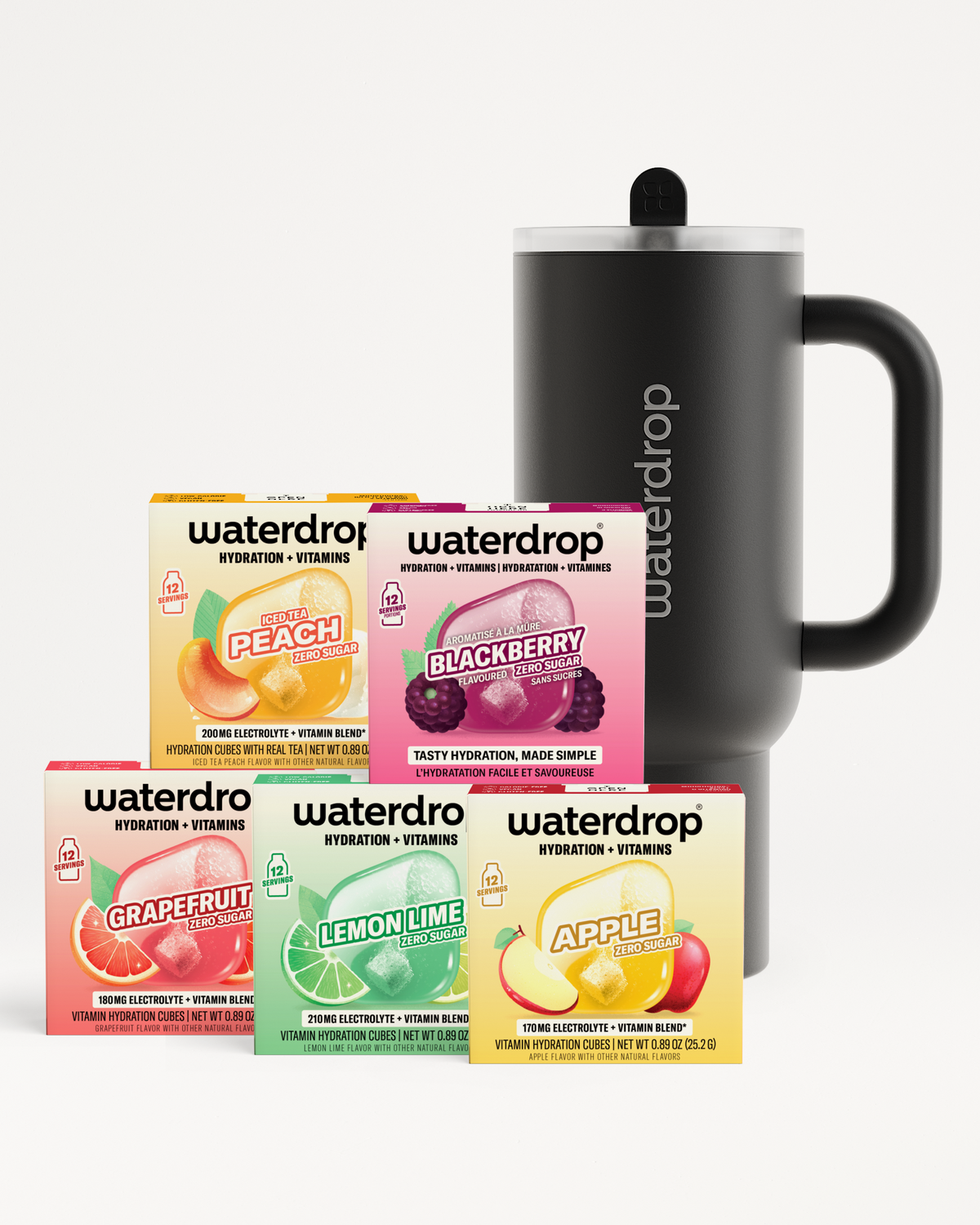 Assorted Waterdrop hydration vitamin drink mix boxes in front of a black mug.