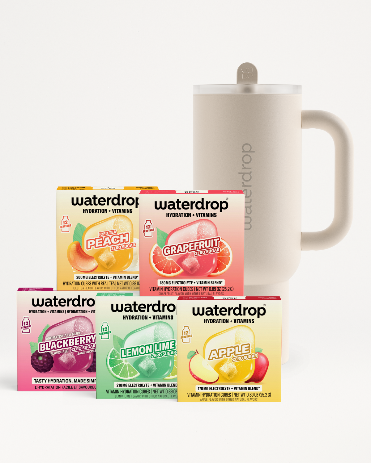 Assortment of Waterdrop hydration vitamin boxes arranged beside a beige reusable pitcher.