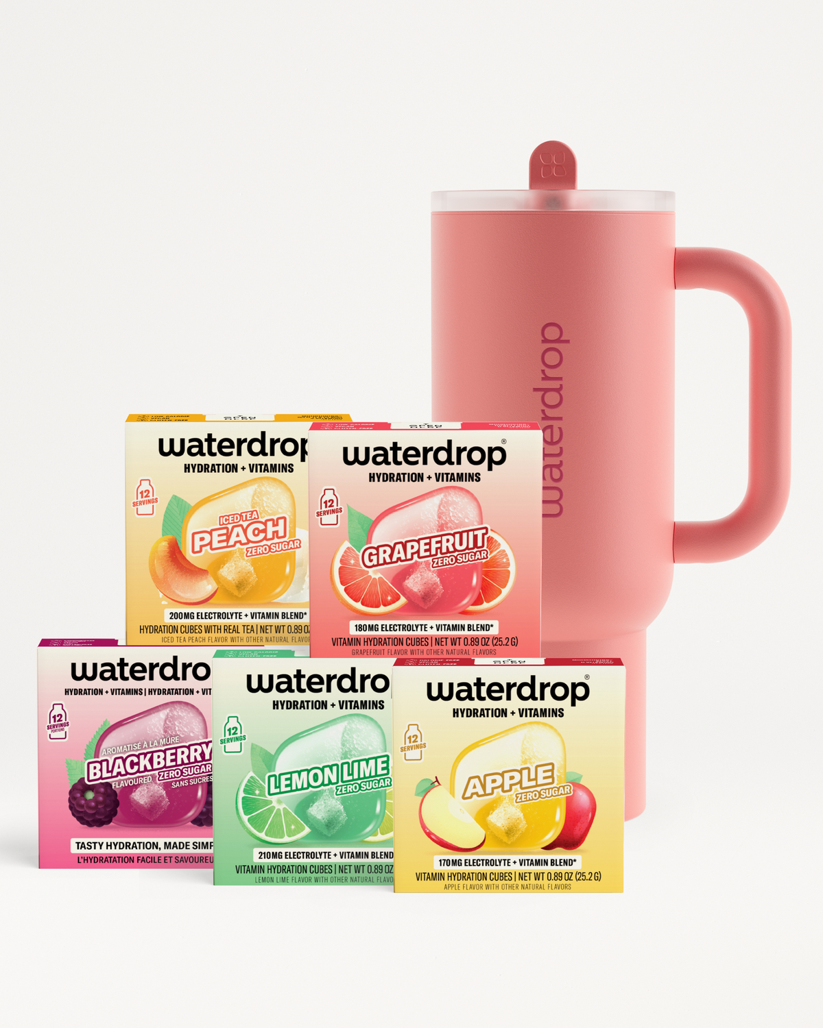 Pink water bottle beside a box set of Waterdrop hydration products in assorted fruit flavors.