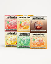 Six Waterdrop beverage mix boxes arranged in two rows of three.