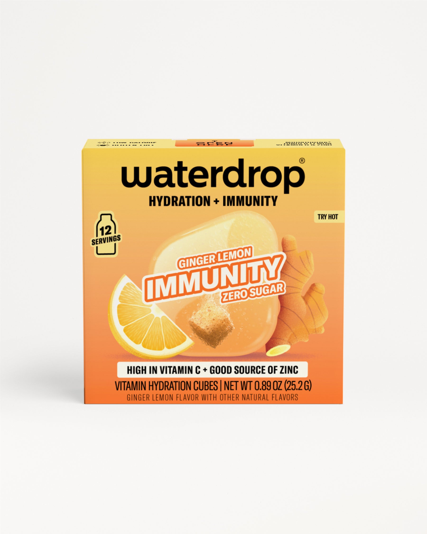 Waterdrop hydration and immunity box with ginger lemon flavor, orange gradient, featuring a lemon wedge and ginger pieces.