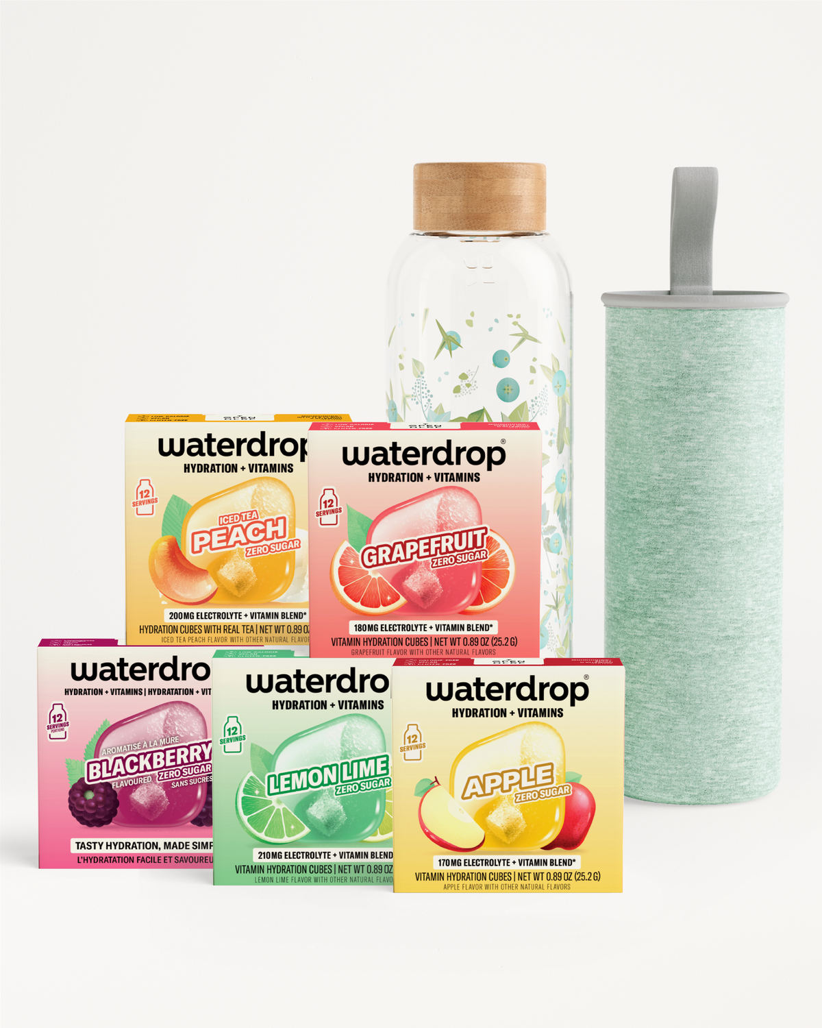 Assorted Waterdrop hydration and vitamin flavor packets with a glass bottle and a green cylindrical filter accessory.