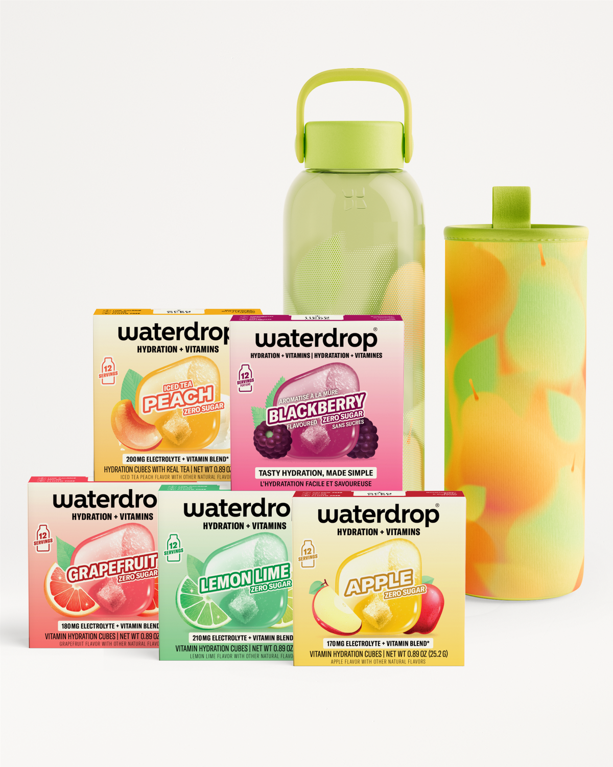 Assorted Waterdrop hydration boxes with a green bottle and a tall colorful tumbler.