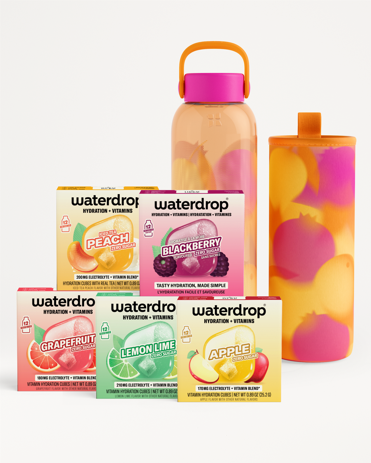 Assorted Waterdrop hydration flavor boxes arranged in front of a pink-capped bottle and a tie-dye sleeve bottle.
