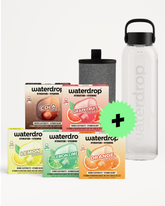 Bundle of Waterdrop hydration pouches in assorted flavors with a reusable bottle.