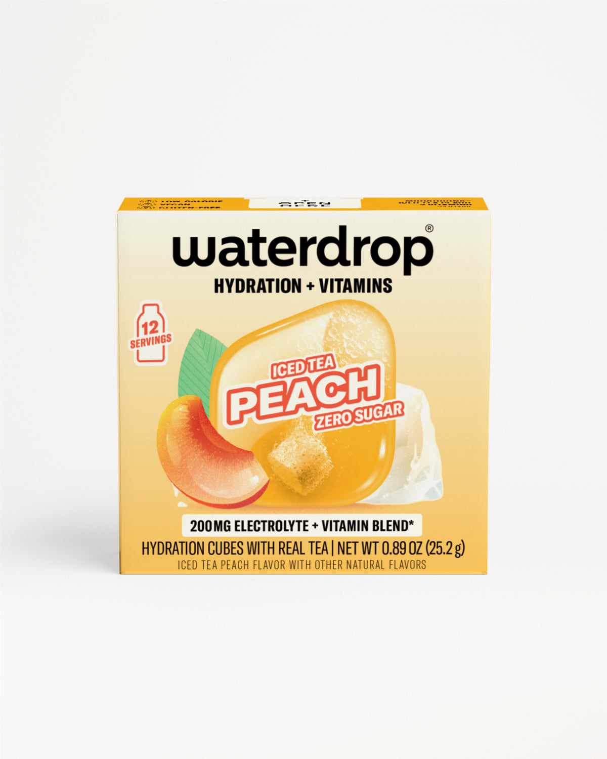 Box of Waterdrop hydration and vitamins iced peach drink mix.