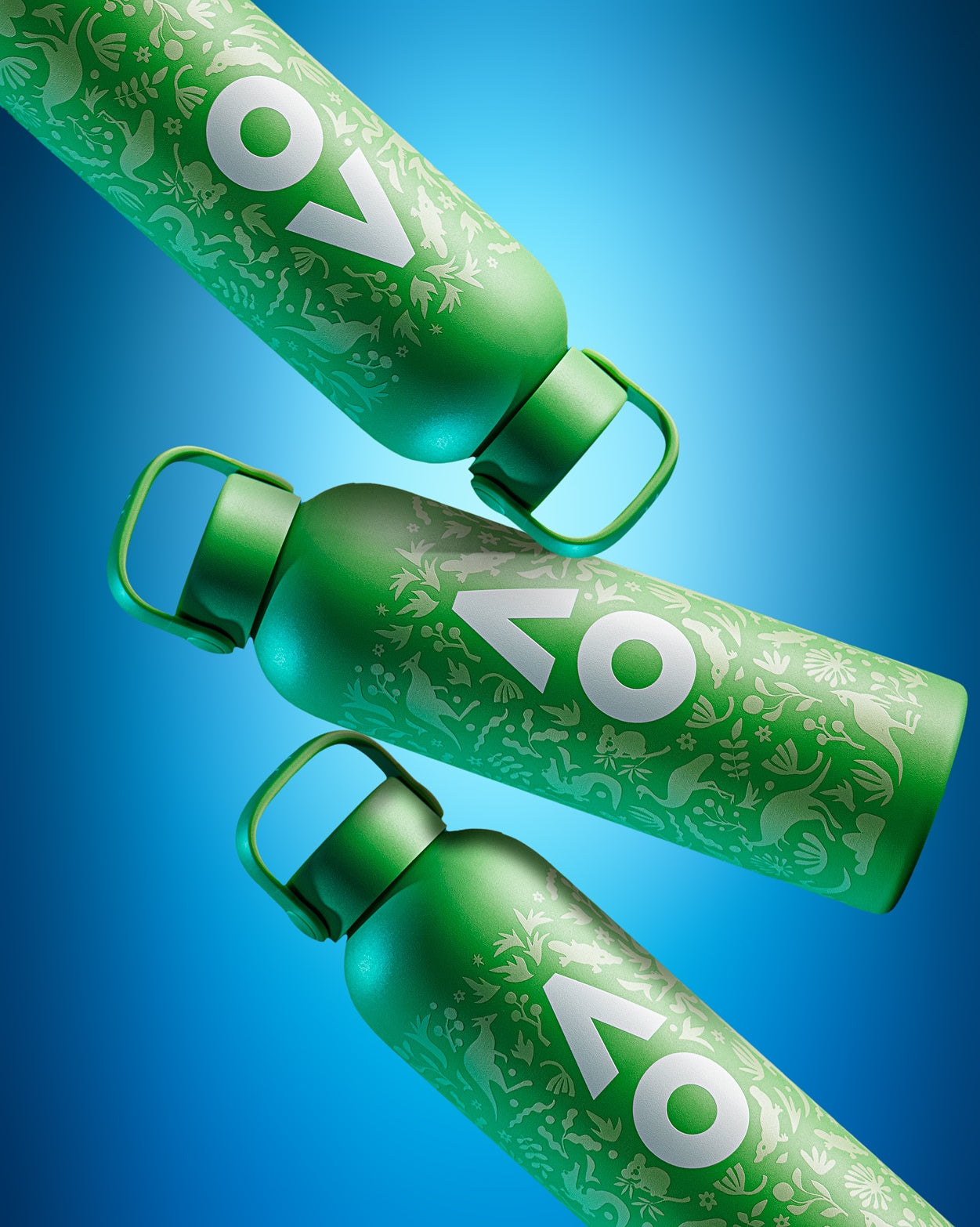 Three green reusable water bottles with patterned surfaces and screw-on caps against a blue gradient background.