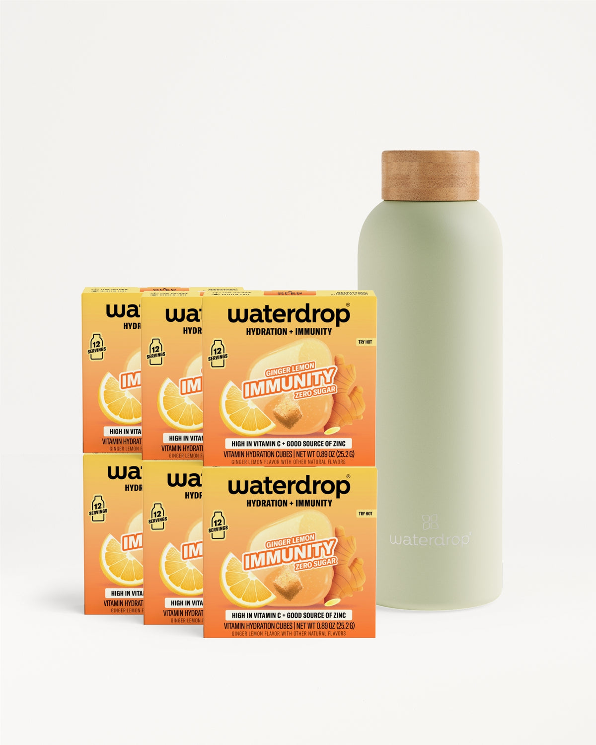 Three boxed waterdrop products and a light green bottle with a cork stopper on a white background.