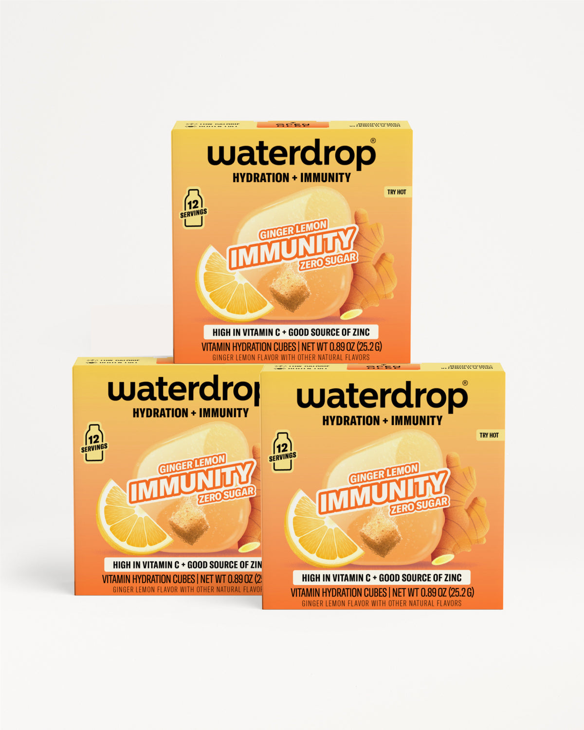 Three Waterdrop Hydration + Immunity boxes in orange flavor stacked on a white background.