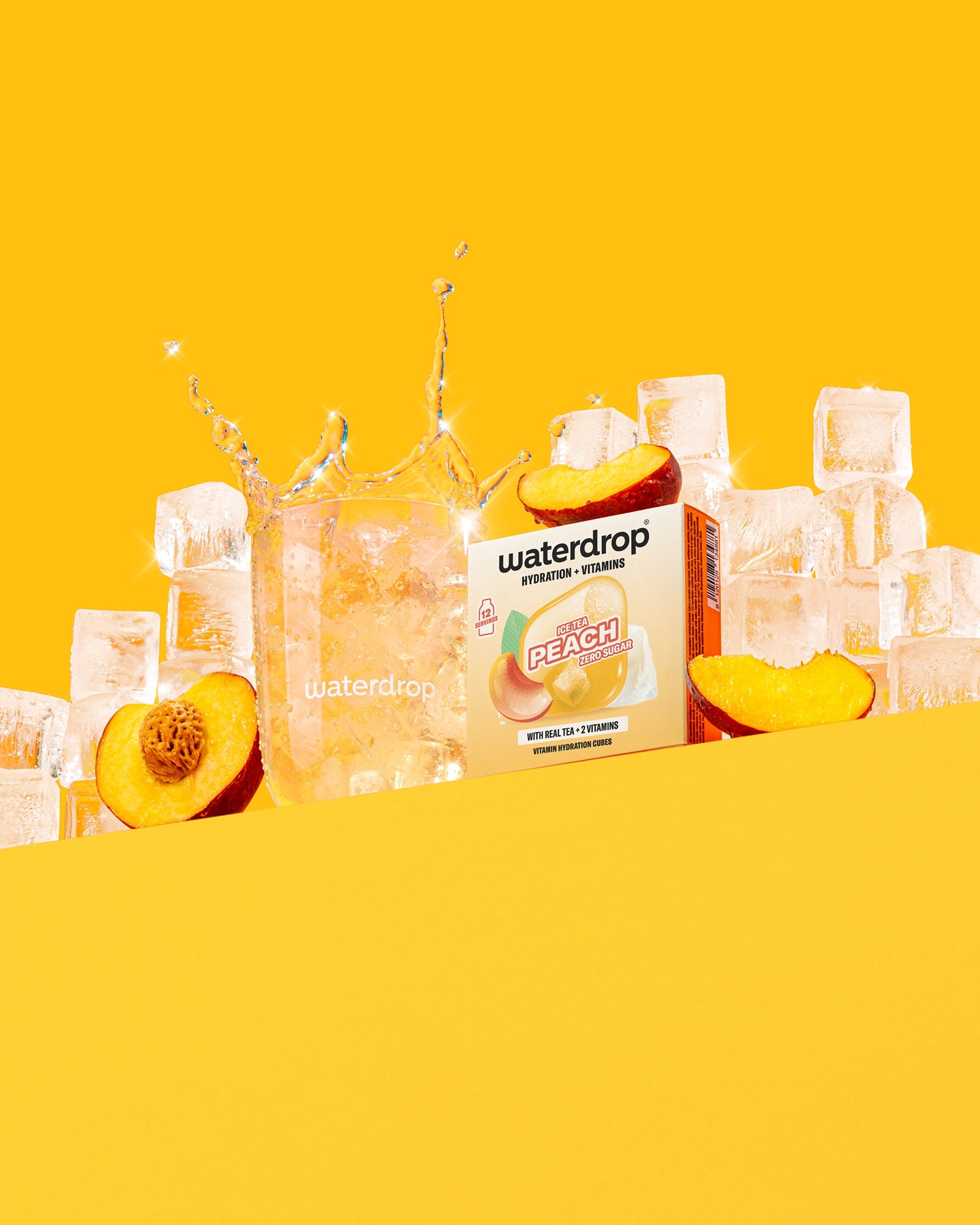 Peach-flavored beverage box surrounded by ice cubes and peach halves on a bright yellow background.