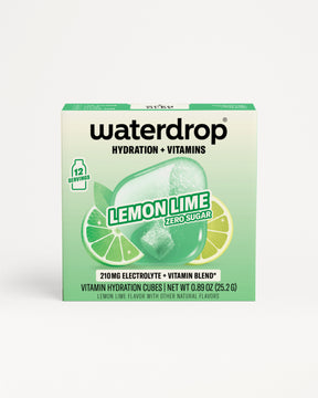 Box of Waterdrop hydration product with green gradient and Waterdrop logo.