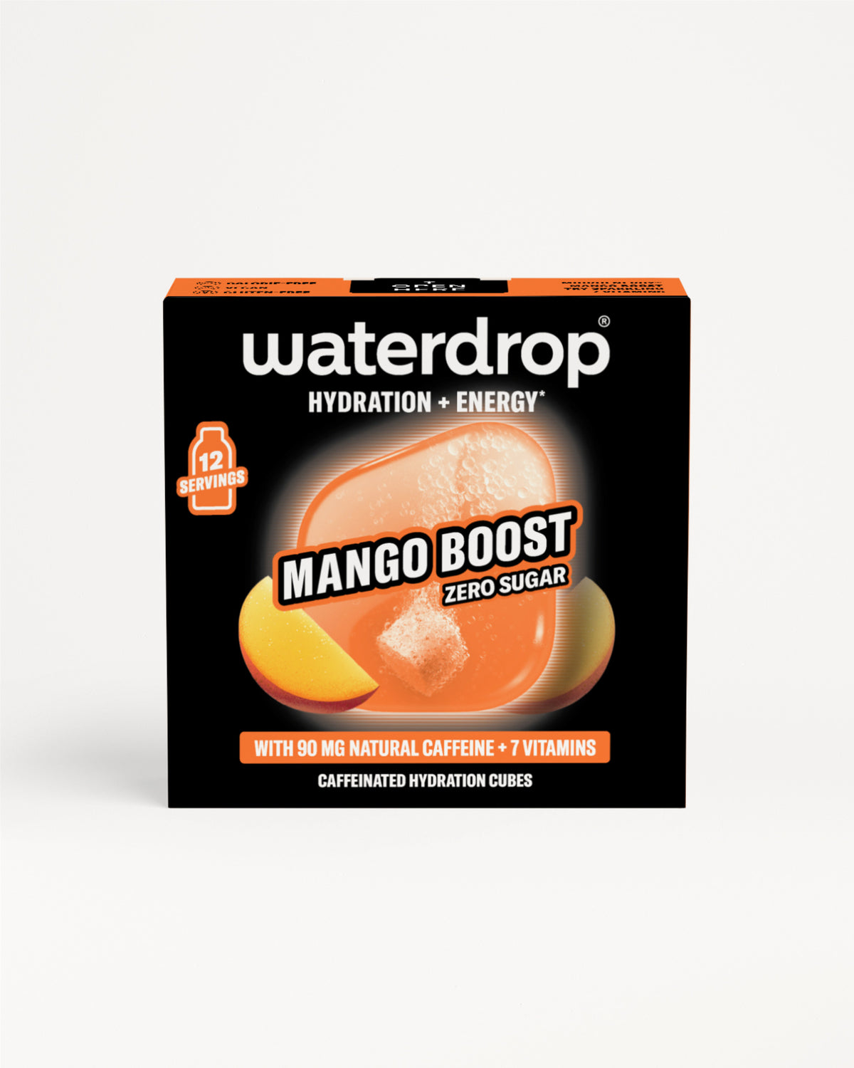 Box of Waterdrop Mango Boost hydration cubes in black packaging with a mango illustration.