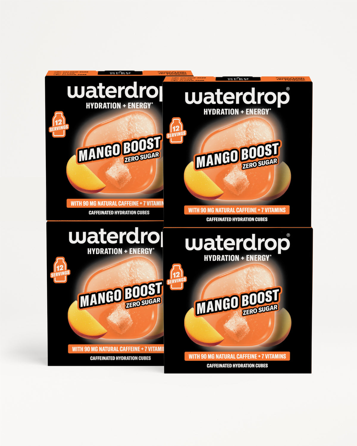 Four Waterdrop Mango Boost boxes arranged in a 2-by-2 grid with orange mango imagery.
