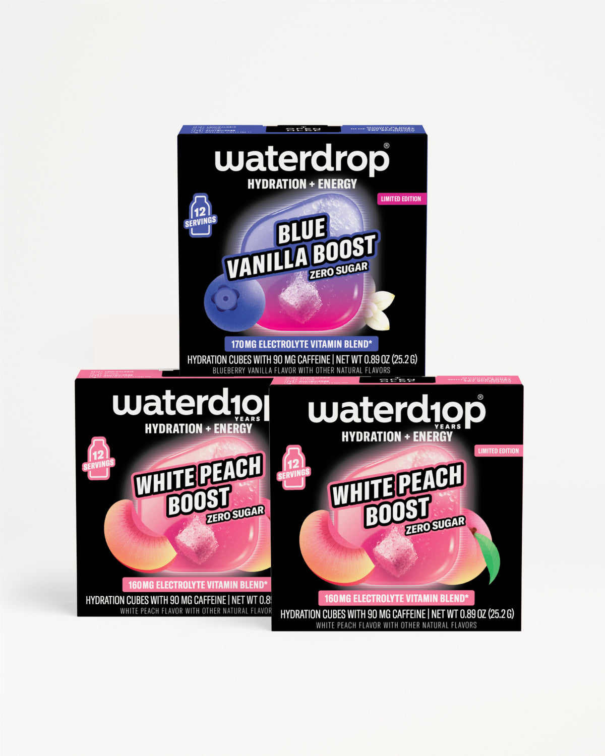 Three Waterdrop hydration and energy vitamin boxes stacked in a pyramid.