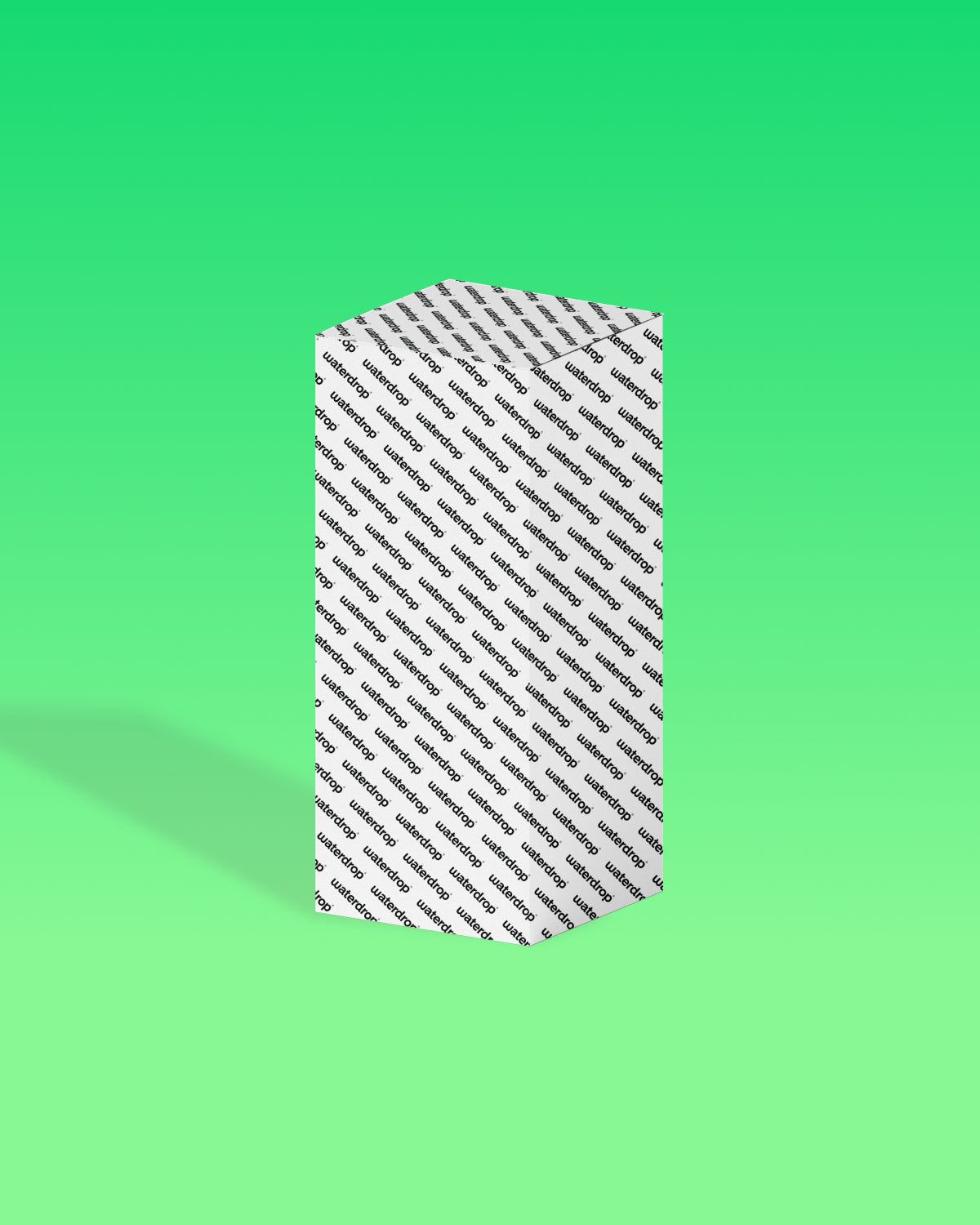 Tall rectangular box with a diagonal patterned wrap standing upright on a green gradient background.