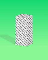 Tall rectangular box with a diagonal patterned wrap standing upright on a green gradient background.