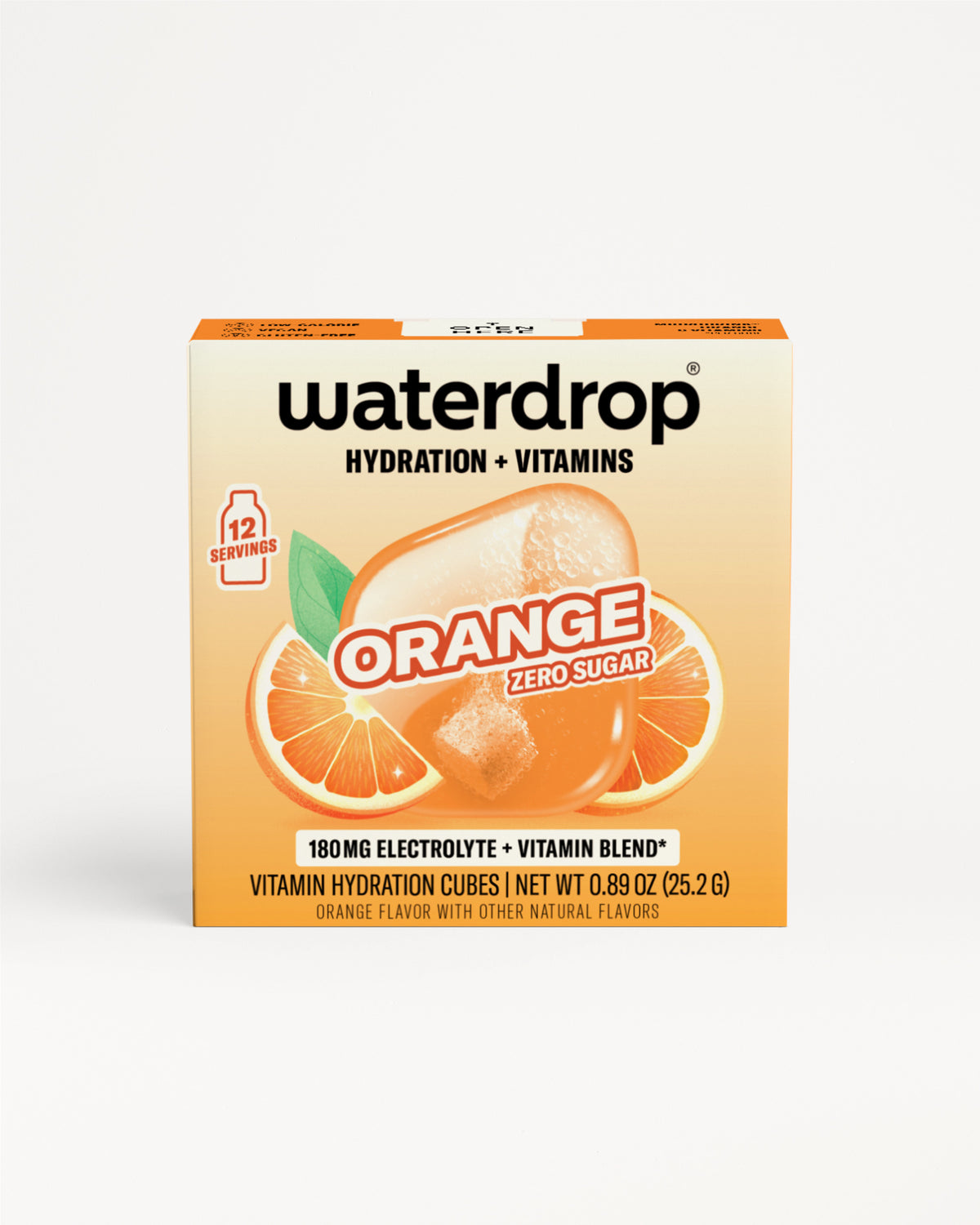Box of Waterdrop electrolyte and vitamin blend in orange flavor.