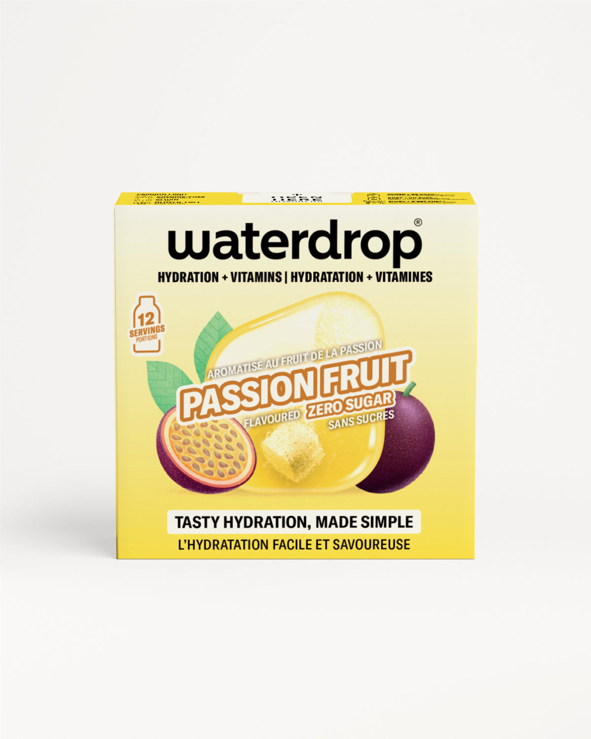 Waterdrop hydration tablets box in Passion Fruit flavor, yellow packaging with passion fruit images.