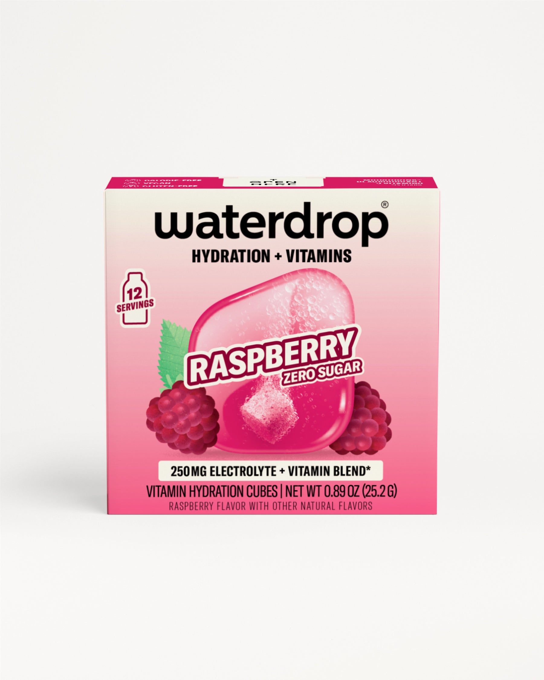 Pink box of Waterdrop hydration and vitamins, raspberry flavor.