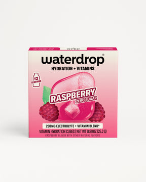 Pink box of Waterdrop hydration and vitamins, raspberry flavor.