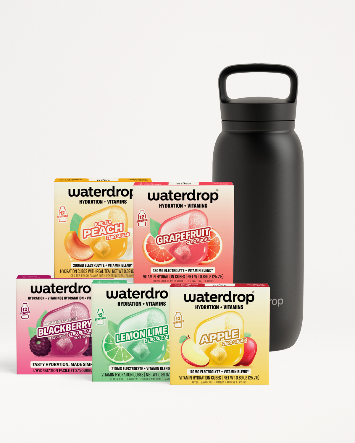 Assorted Waterdrop hydration and vitamins products alongside a tall black reusable bottle.