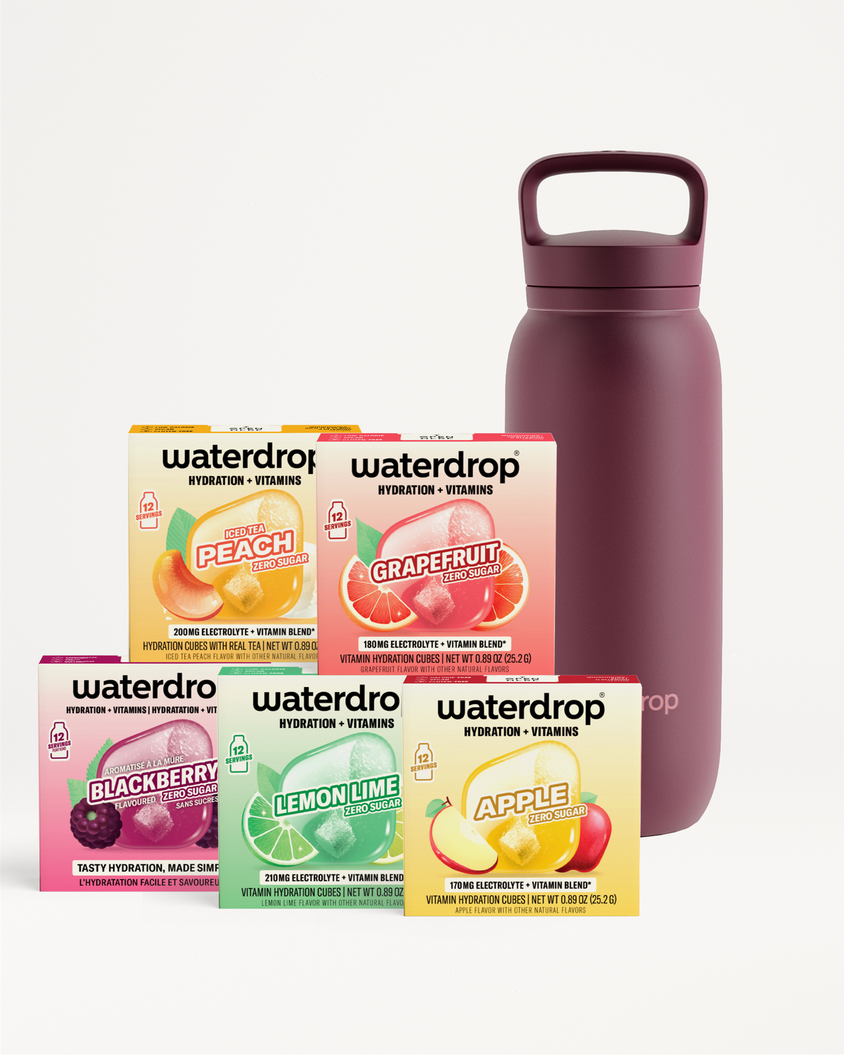 Assorted Waterdrop hydration pouches with a magenta reusable bottle.