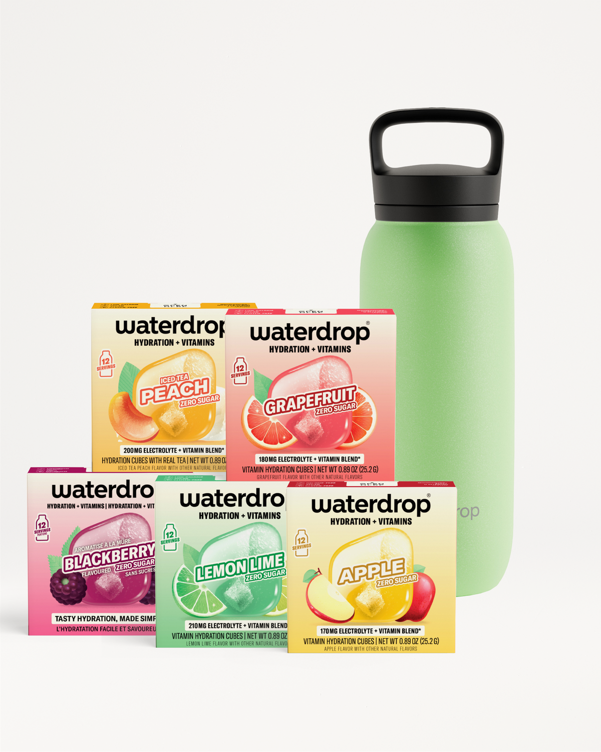 Assorted Waterdrop hydration flavor boxes with a green reusable bottle.