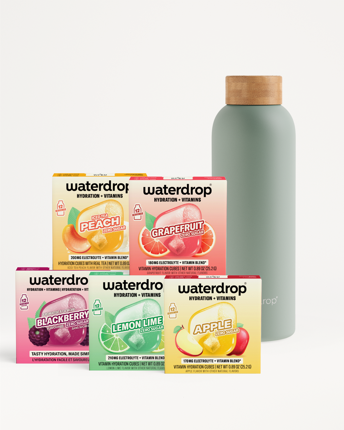 Assorted Waterdrop hydration flavor sachets arranged in front of a pale bottle with a wooden cap.