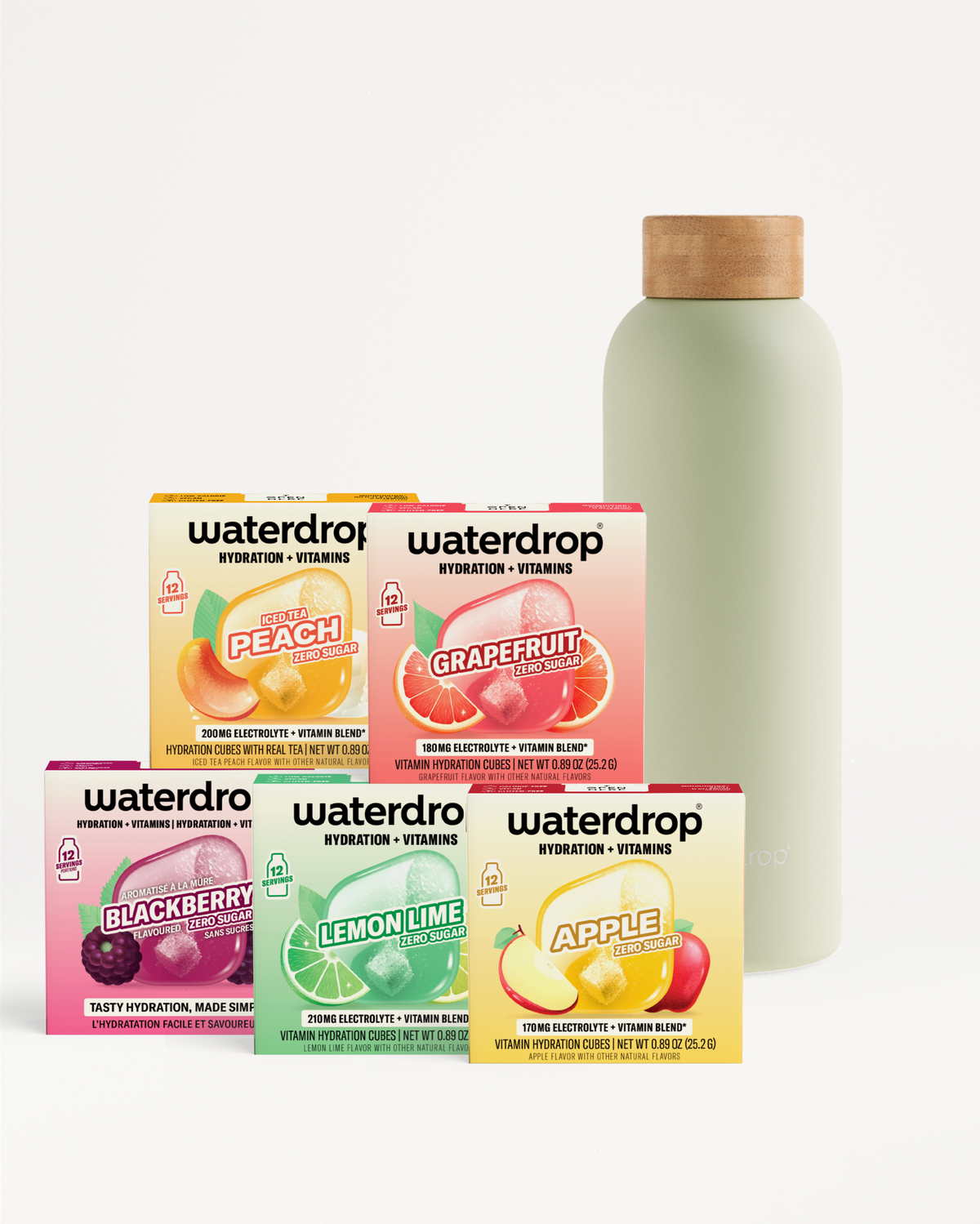 Assorted Waterdrop hydration flavor boxes with a pale green bottle featuring a wooden cap.
