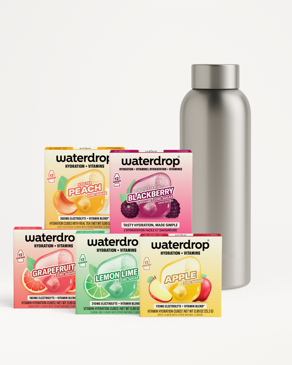 Assorted Waterdrop hydration vitamin drink pouches arranged beside a tall silver bottle.