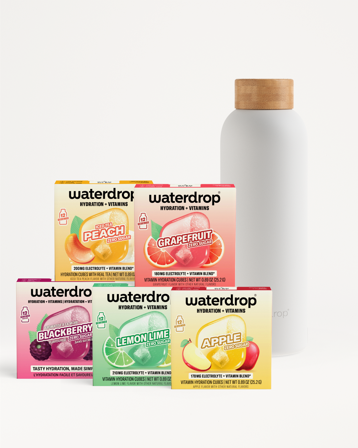 Assorted Waterdrop hydration and vitamins product boxes arranged with a white bottle with a wooden cap.