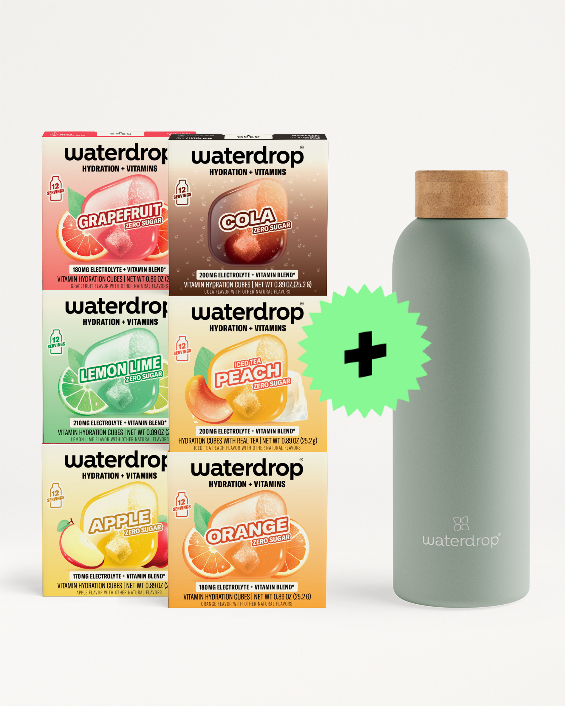 Six Waterdrop flavor boxes beside a gray bottle with a wooden cap and a green plus badge.