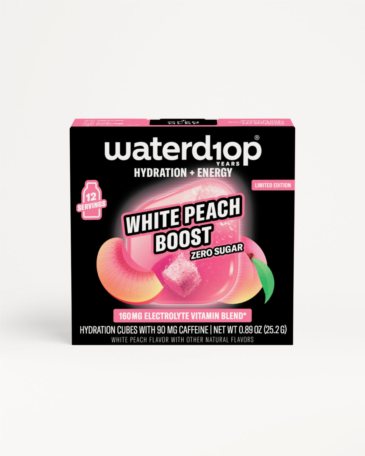 Box for Waterdrop hydration and energy drink mix with white peach flavor.