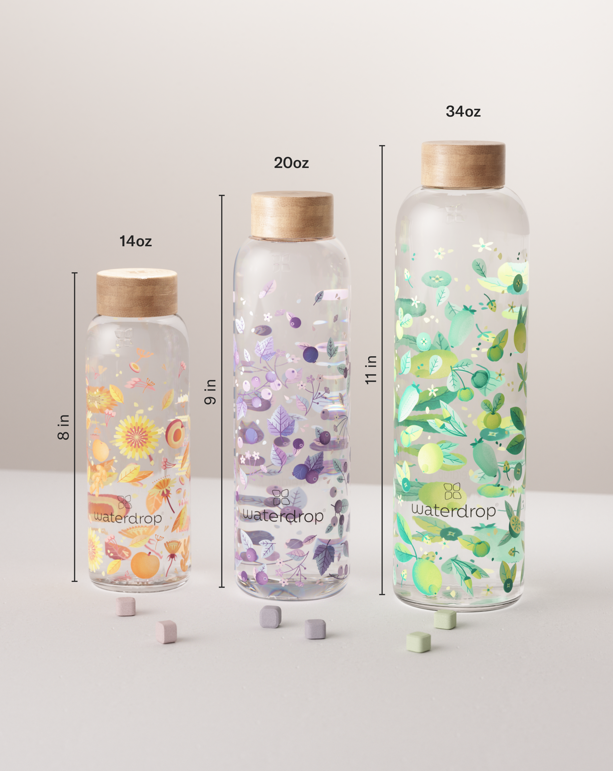 Starter Set Microdrink Glass 18 Microdrink hydration cubes with vitamins ·  without sugar · 20 oz or 34 oz Borosilicate Glass Bottle